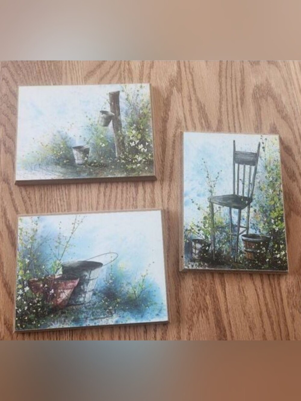Blue & Green Garden Bucket Wall Art - set of three Canvas pictures